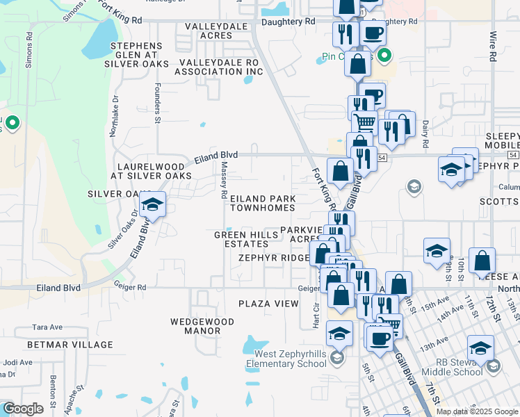 map of restaurants, bars, coffee shops, grocery stores, and more near 6253 Timberly Lane in Zephyrhills