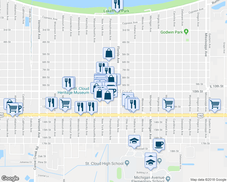 map of restaurants, bars, coffee shops, grocery stores, and more near 1112 10th Street in Saint Cloud