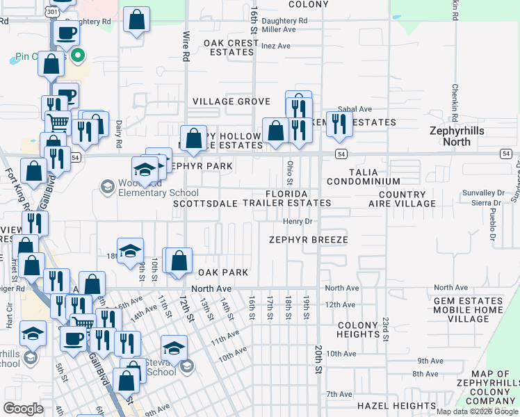 map of restaurants, bars, coffee shops, grocery stores, and more near 38723 Lobelia Avenue in Zephyrhills