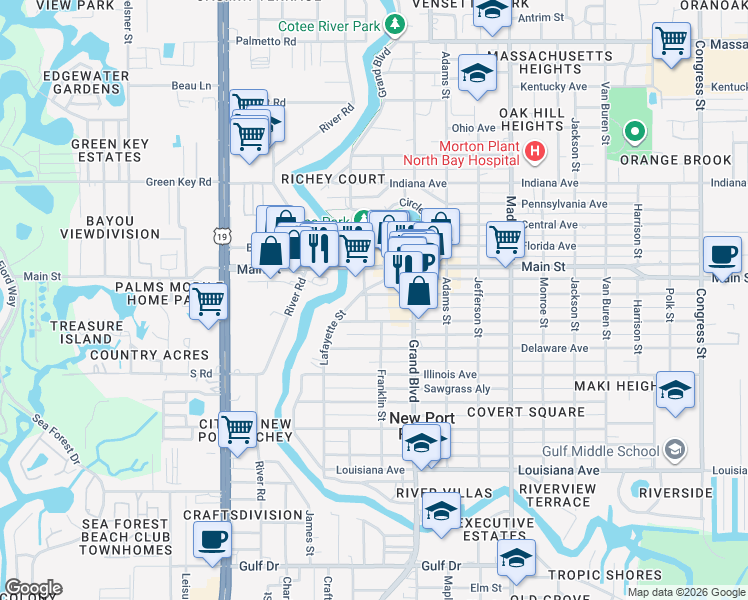 map of restaurants, bars, coffee shops, grocery stores, and more near 6241 Lincoln Street in Port Richey