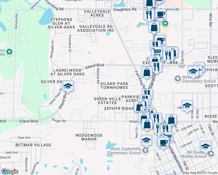 map of restaurants, bars, coffee shops, grocery stores, and more near 37601 Aaralyn Road in Zephyrhills