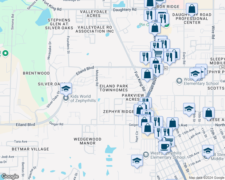 map of restaurants, bars, coffee shops, grocery stores, and more near 6255 Timberly Lane in Zephyrhills
