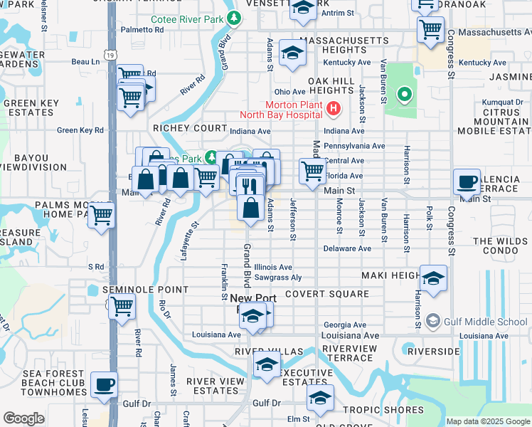 map of restaurants, bars, coffee shops, grocery stores, and more near 5808 Missouri Avenue in New Port Richey