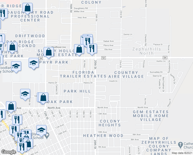 map of restaurants, bars, coffee shops, grocery stores, and more near in Zephyrhills North