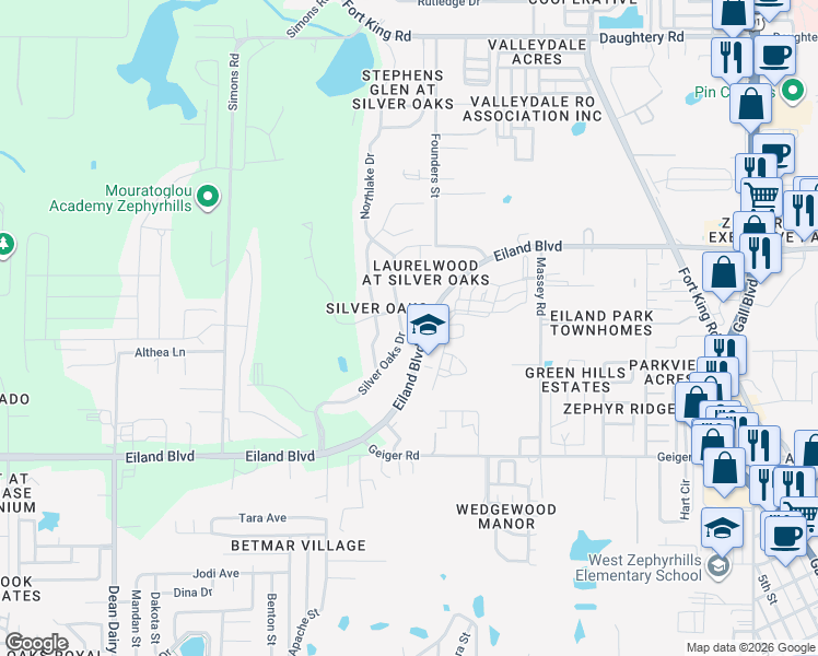map of restaurants, bars, coffee shops, grocery stores, and more near 6320 Silver Oaks Drive in Zephyrhills
