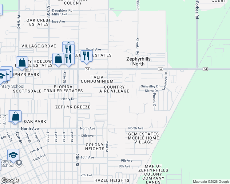map of restaurants, bars, coffee shops, grocery stores, and more near 39368 Blue Skye Drive in Zephyrhills