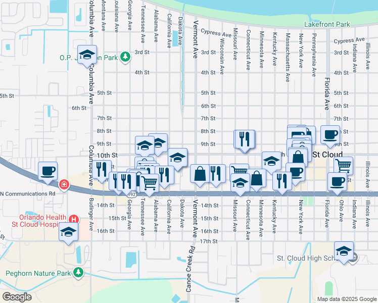 map of restaurants, bars, coffee shops, grocery stores, and more near 2051 9th Street in St. Cloud