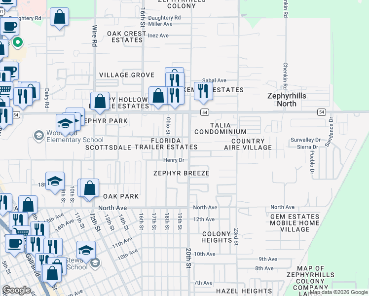 map of restaurants, bars, coffee shops, grocery stores, and more near in Zephyrhills North