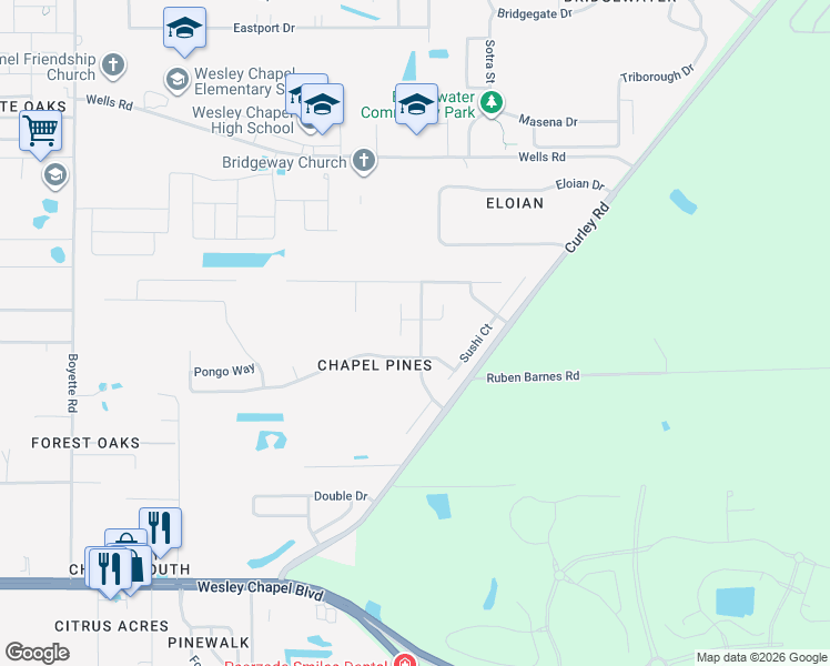 map of restaurants, bars, coffee shops, grocery stores, and more near 6338 Chapel Pines Boulevard in Wesley Chapel