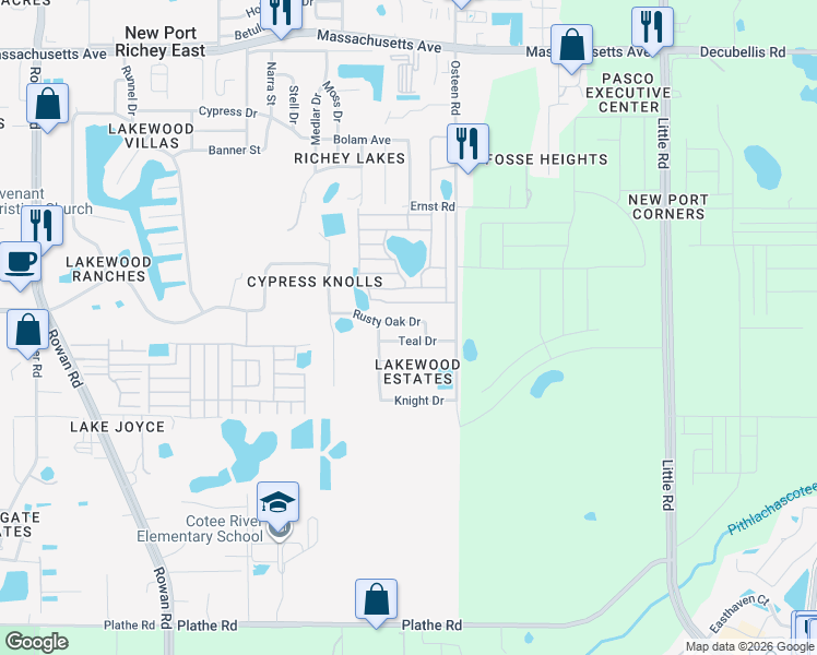 map of restaurants, bars, coffee shops, grocery stores, and more near 7849 Rusty Oak Drive in New Port Richey