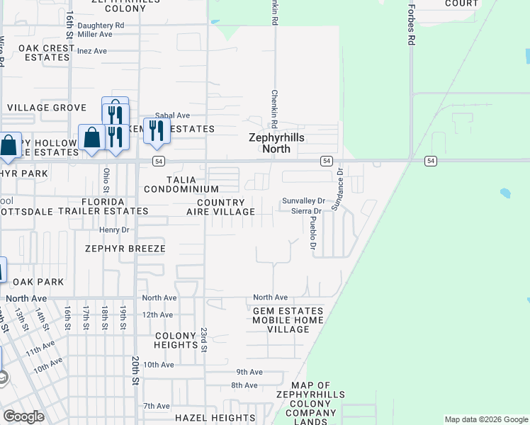 map of restaurants, bars, coffee shops, grocery stores, and more near 6306 Waterfront Lane in Zephyrhills
