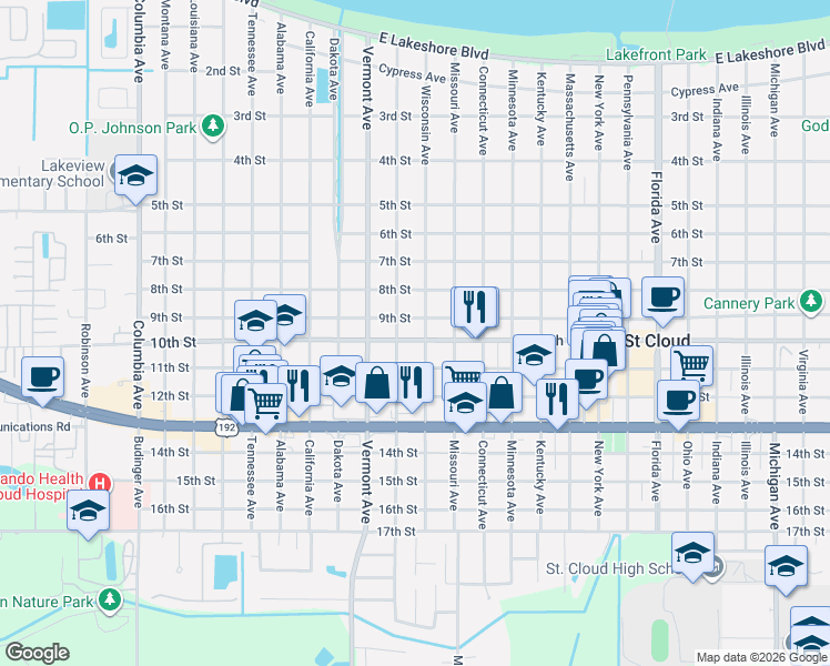 map of restaurants, bars, coffee shops, grocery stores, and more near 905 Jersey Avenue in St. Cloud