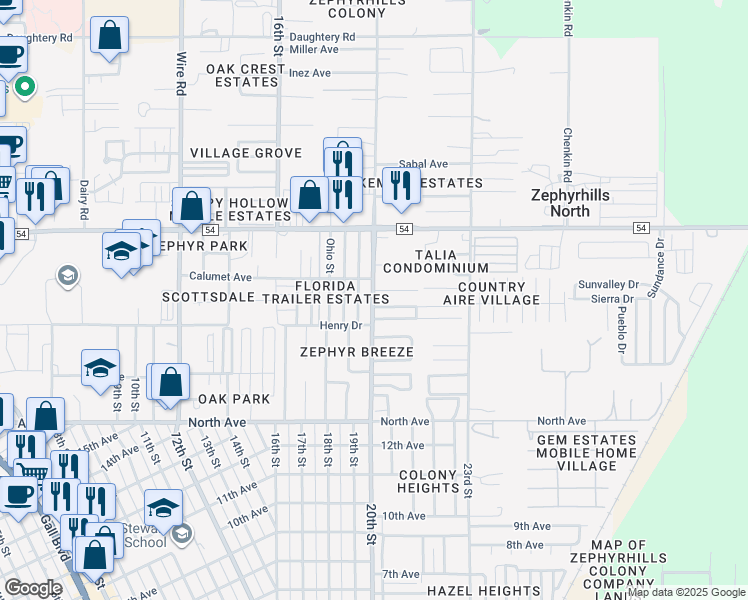 map of restaurants, bars, coffee shops, grocery stores, and more near 6312 20th Street in Zephyrhills