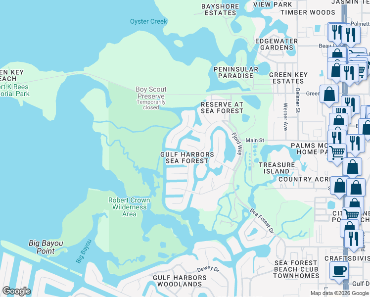 map of restaurants, bars, coffee shops, grocery stores, and more near 6215 Spoonbill Drive in New Port Richey