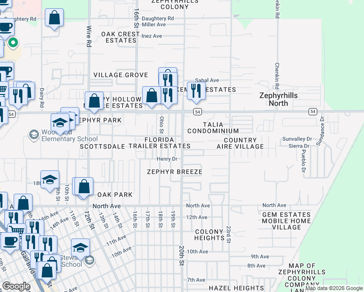 map of restaurants, bars, coffee shops, grocery stores, and more near 6309 20th Street in Zephyrhills