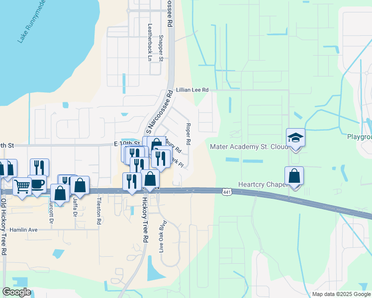 map of restaurants, bars, coffee shops, grocery stores, and more near 1834 Roper Road in St. Cloud