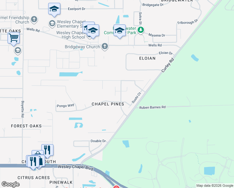 map of restaurants, bars, coffee shops, grocery stores, and more near 6339 Open Pasture Court in Wesley Chapel