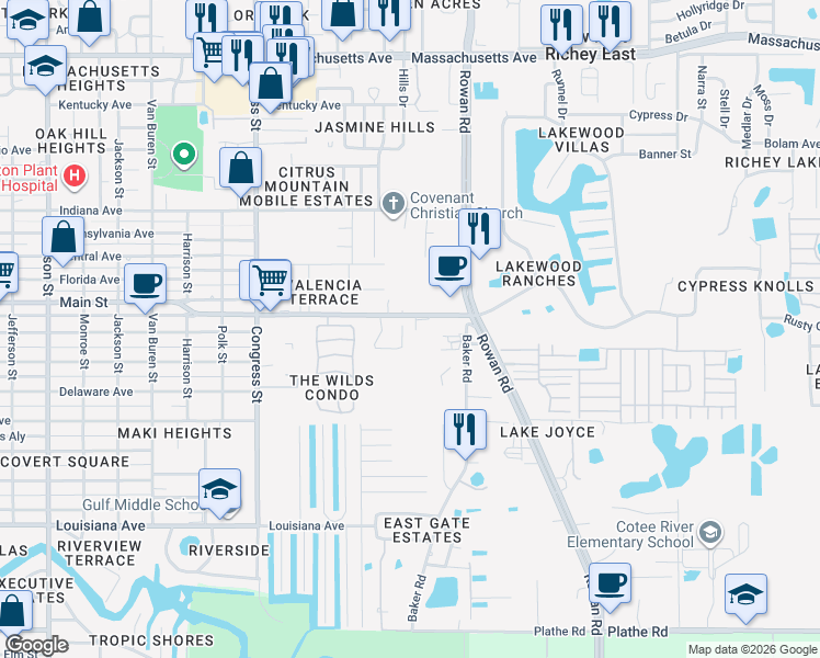 map of restaurants, bars, coffee shops, grocery stores, and more near 6033 Canopy Oaks Court in New Port Richey