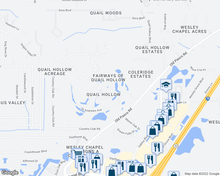 map of restaurants, bars, coffee shops, grocery stores, and more near 6632 Gentle Ben Circle in Wesley Chapel