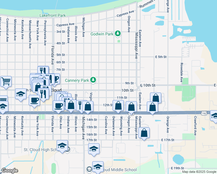 map of restaurants, bars, coffee shops, grocery stores, and more near 909 Carolina Avenue in Saint Cloud