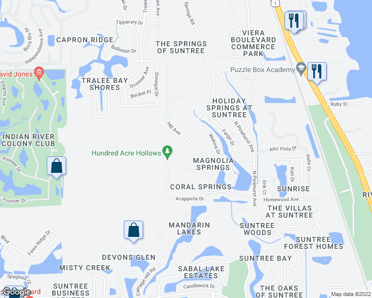 map of restaurants, bars, coffee shops, grocery stores, and more near 1291 Rock Springs Drive in Melbourne