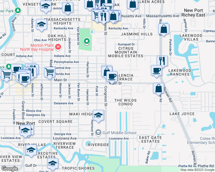 map of restaurants, bars, coffee shops, grocery stores, and more near 6502 Main Street in New Port Richey