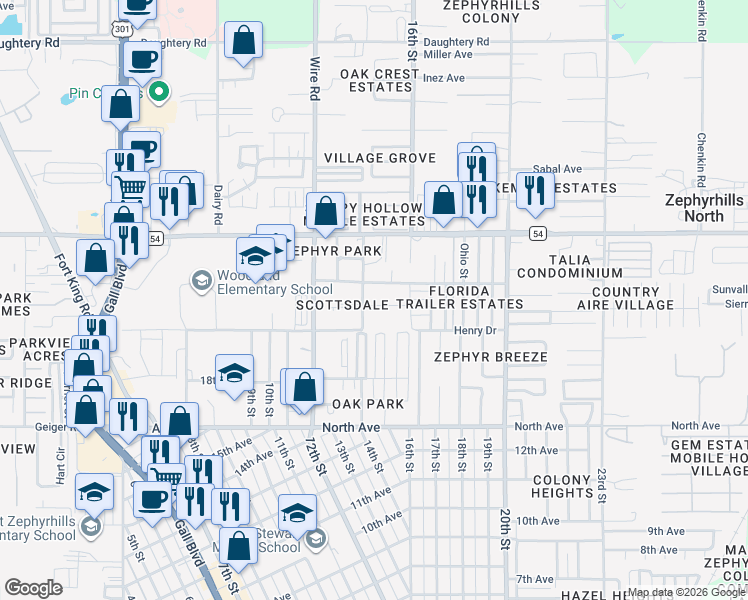 map of restaurants, bars, coffee shops, grocery stores, and more near 38631 Lobelia Avenue in Zephyrhills