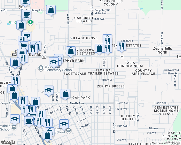 map of restaurants, bars, coffee shops, grocery stores, and more near 38723 Lobelia Avenue in Zephyrhills