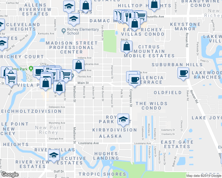 map of restaurants, bars, coffee shops, grocery stores, and more near 6229 Harrison Street in New Port Richey