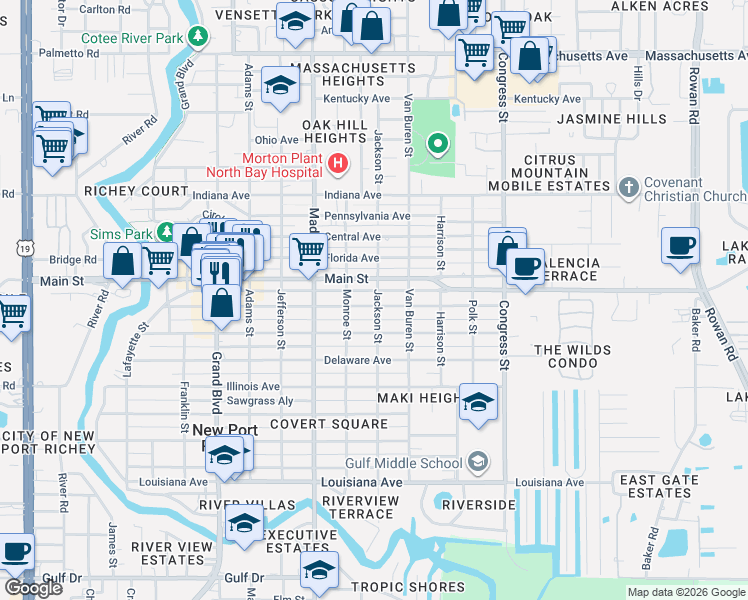 map of restaurants, bars, coffee shops, grocery stores, and more near 6120 Nebraska Avenue in New Port Richey