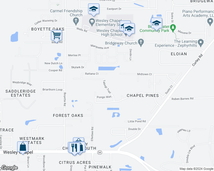 map of restaurants, bars, coffee shops, grocery stores, and more near 6346 Tabogi Trail in Wesley Chapel