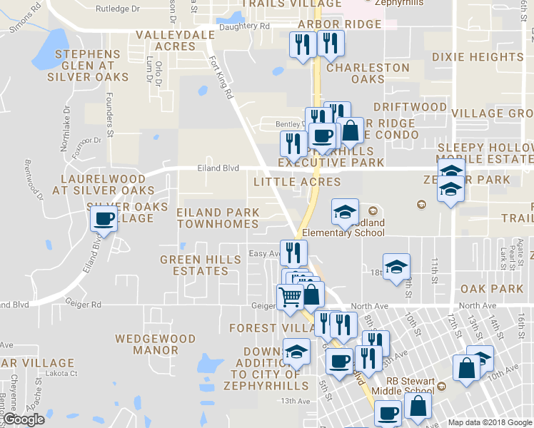 map of restaurants, bars, coffee shops, grocery stores, and more near 37811 Cecil Lane in Zephyrhills