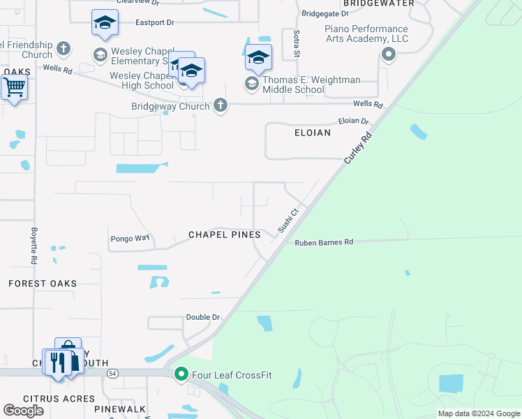 map of restaurants, bars, coffee shops, grocery stores, and more near 30822 Sade Court in Wesley Chapel