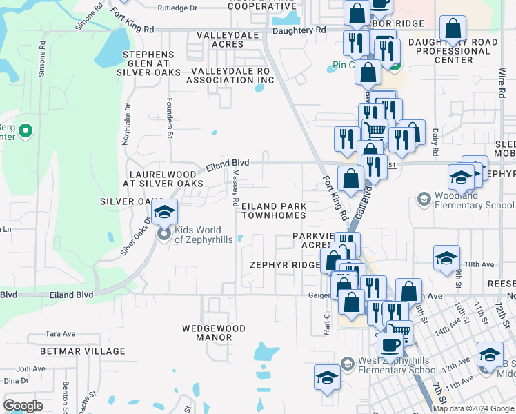 map of restaurants, bars, coffee shops, grocery stores, and more near 37542 Daliha Terrace in Zephyrhills