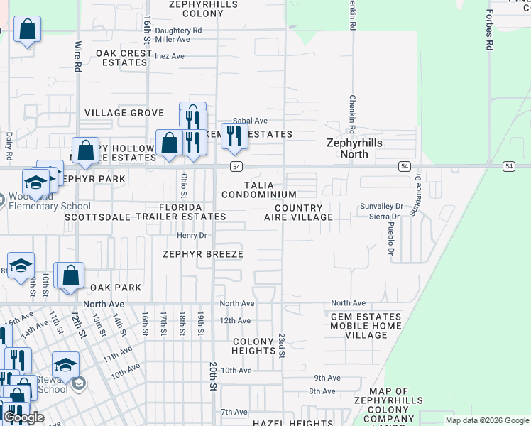 map of restaurants, bars, coffee shops, grocery stores, and more near 39142 Kendell Drive in Zephyrhills