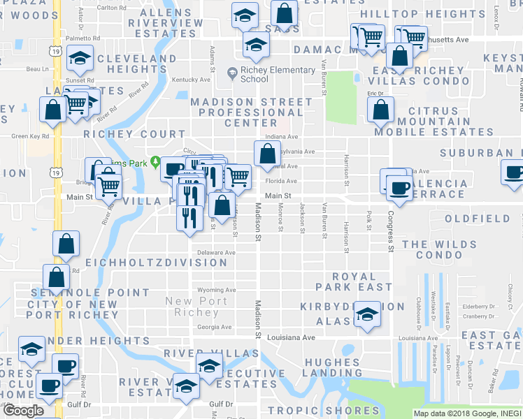 map of restaurants, bars, coffee shops, grocery stores, and more near 6232 Madison Street in New Port Richey