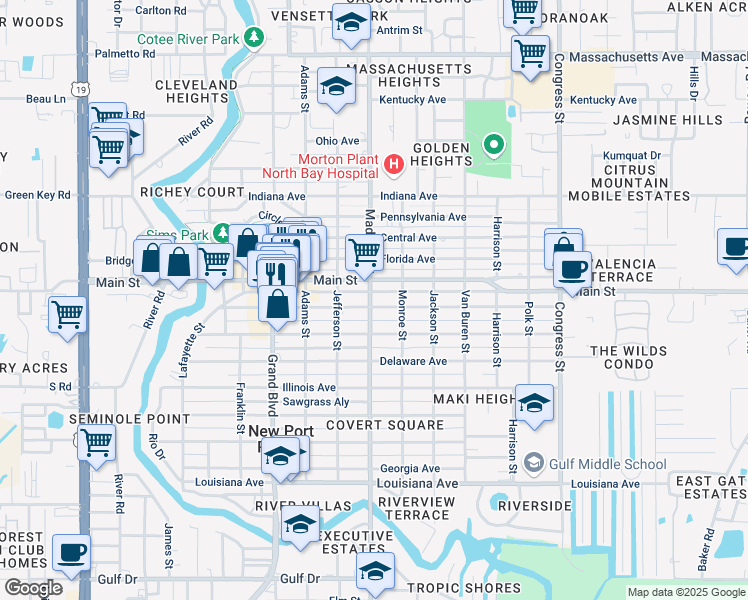 map of restaurants, bars, coffee shops, grocery stores, and more near 5930 Nebraska Avenue in Port Richey