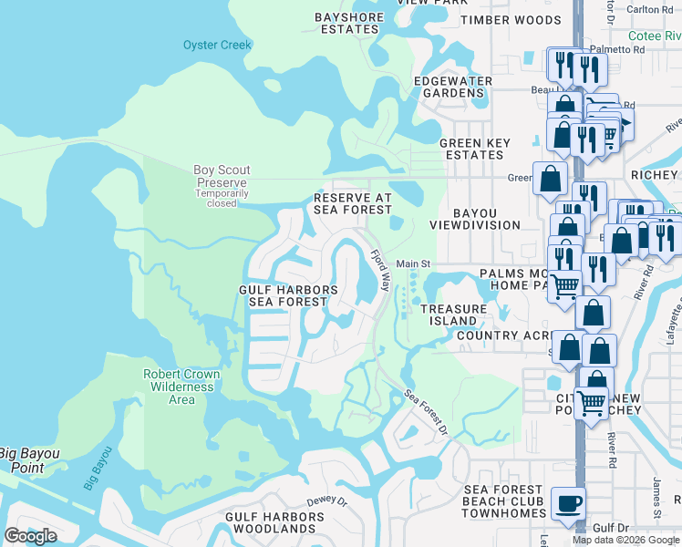 map of restaurants, bars, coffee shops, grocery stores, and more near 6232 Bayside Drive in New Port Richey