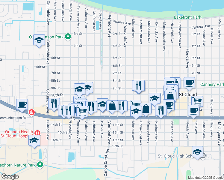 map of restaurants, bars, coffee shops, grocery stores, and more near 2051 9th Street in Saint Cloud