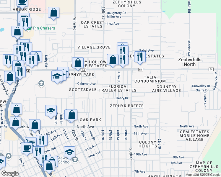 map of restaurants, bars, coffee shops, grocery stores, and more near 6319 Connecticut Street in Zephyrhills