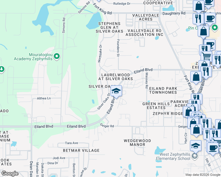 map of restaurants, bars, coffee shops, grocery stores, and more near 6320 Silver Oaks Drive in Zephyrhills