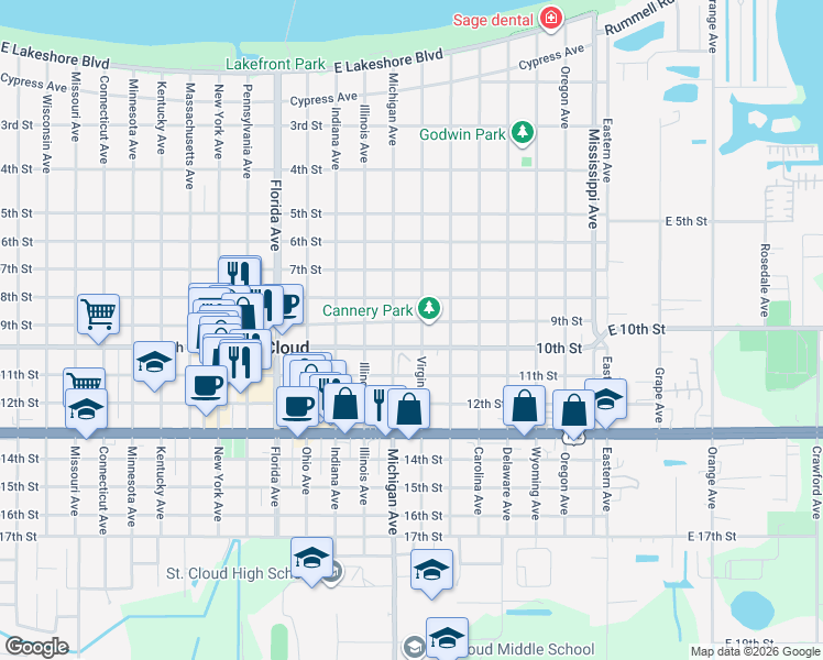 map of restaurants, bars, coffee shops, grocery stores, and more near 908 Virginia Avenue in St. Cloud