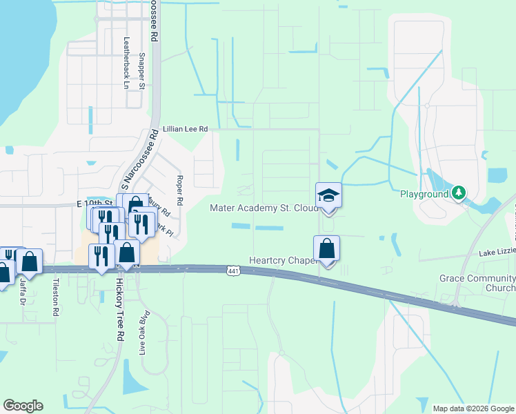 map of restaurants, bars, coffee shops, grocery stores, and more near 1878 Green Dragon Drive in St. Cloud