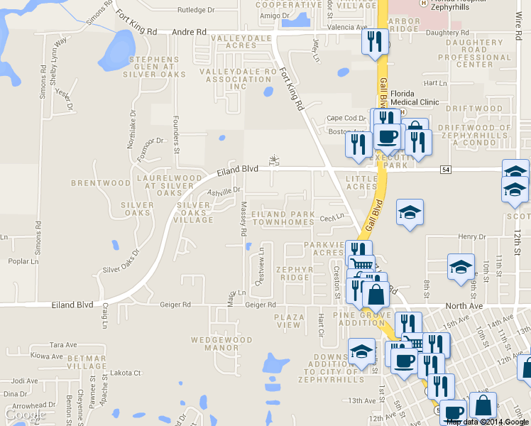 map of restaurants, bars, coffee shops, grocery stores, and more near 6321 Maisai Road in Zephyrhills