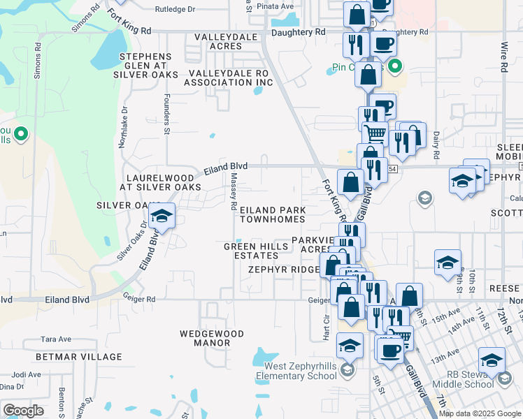 map of restaurants, bars, coffee shops, grocery stores, and more near 6321 Maisai Road in Zephyrhills
