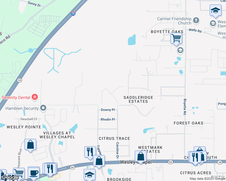 map of restaurants, bars, coffee shops, grocery stores, and more near 6224 Caroline Drive in Wesley Chapel