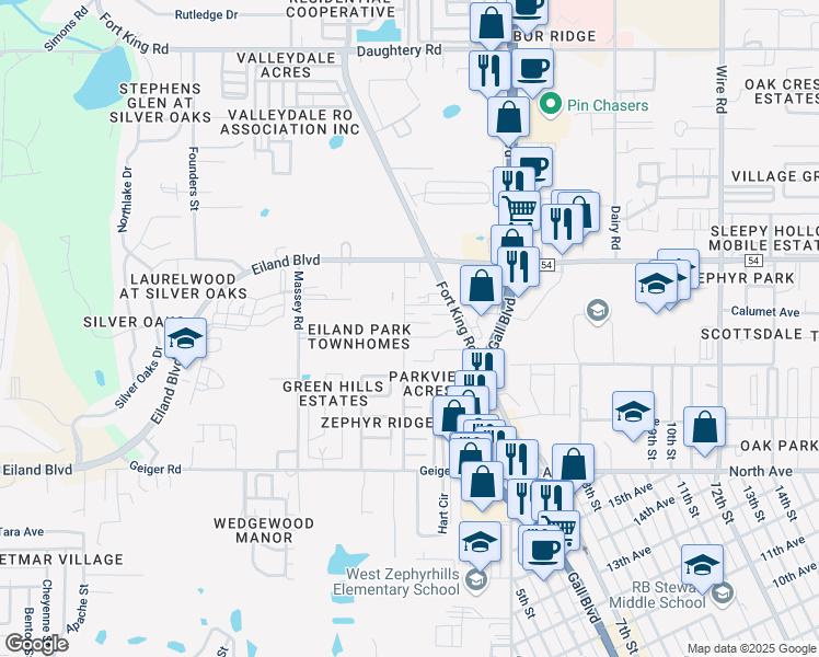 map of restaurants, bars, coffee shops, grocery stores, and more near 37733 Cecil Lane in Zephyrhills