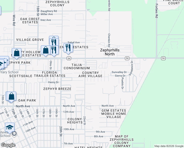 map of restaurants, bars, coffee shops, grocery stores, and more near 6310 Friendship Lane in Zephyrhills