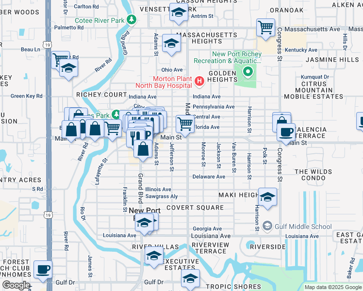 map of restaurants, bars, coffee shops, grocery stores, and more near 5930 Nebraska Avenue in Port Richey