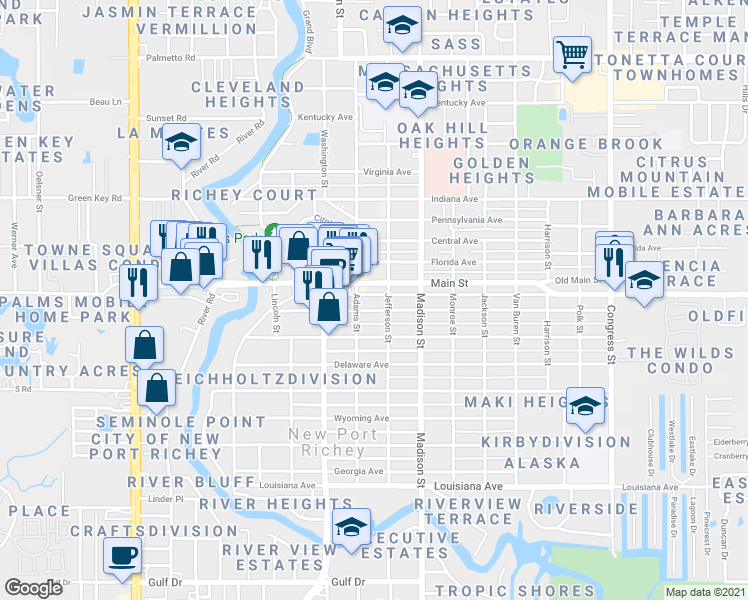 map of restaurants, bars, coffee shops, grocery stores, and more near 5840 Nebraska Avenue in Port Richey